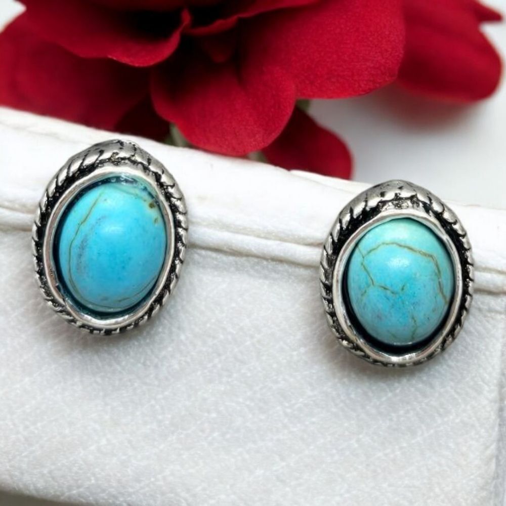 Oval Turquoise Stud Earrings Boho-Chic Tribal Western Pierced Women's Jewelry